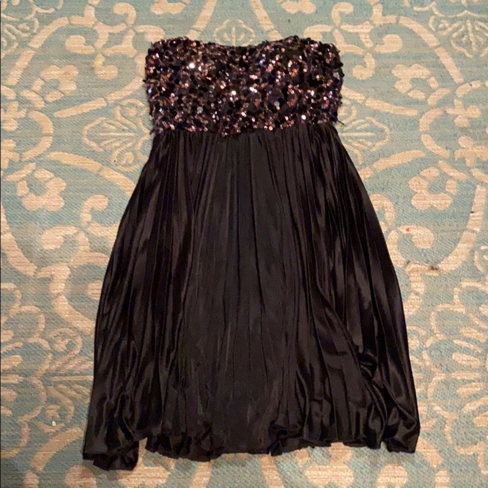 Strapless, black, silky mini dress with sequin top